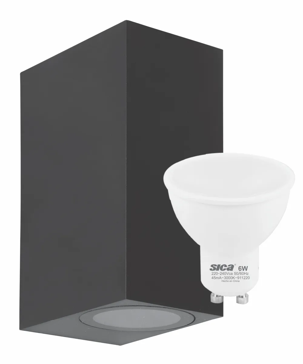 APLIQUE PARED CUADRADO NEGRO + 2 LÁMPARAS LED BLANCO CÁLIDO